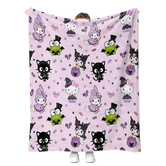 Kawaii Halloween Kitty Blanket | Soft Fleece Throw for Spooky Season