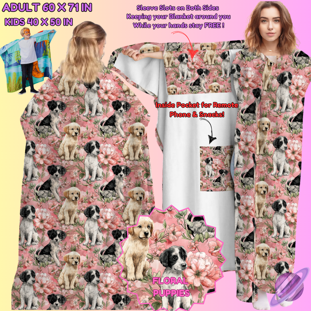 WEARABLE THROW RUN-FLORAL PUPPIES-PREORDER CLOSING 8/31