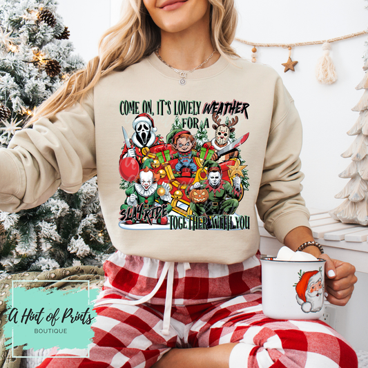 Slay Ride Christmas Shirt, Crewneck & Hoodie | Horror Holiday Apparel