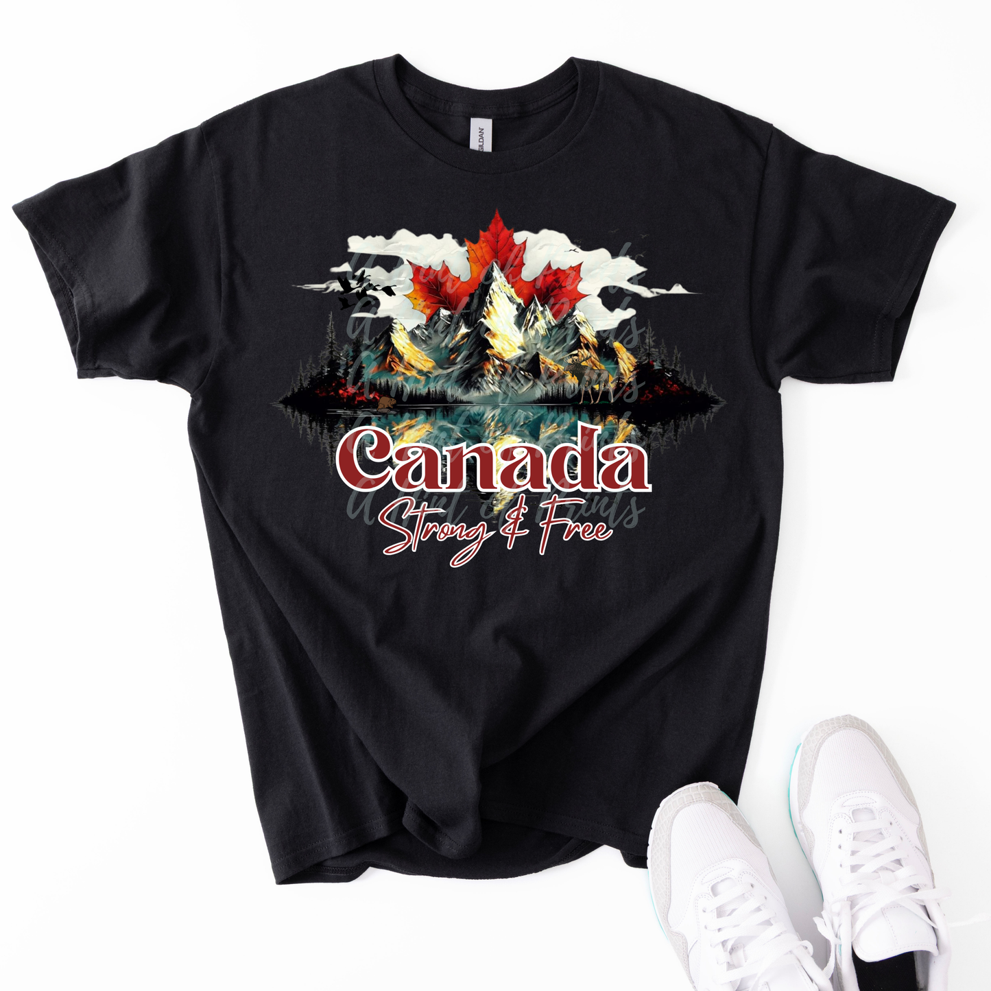 Canada Strong & Free Graphic T-Shirt | Canadian Pride Maple Leaf Mountain Tee
