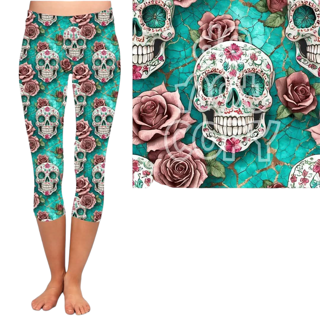 Turquoise Skull Floral Pocket Leggings