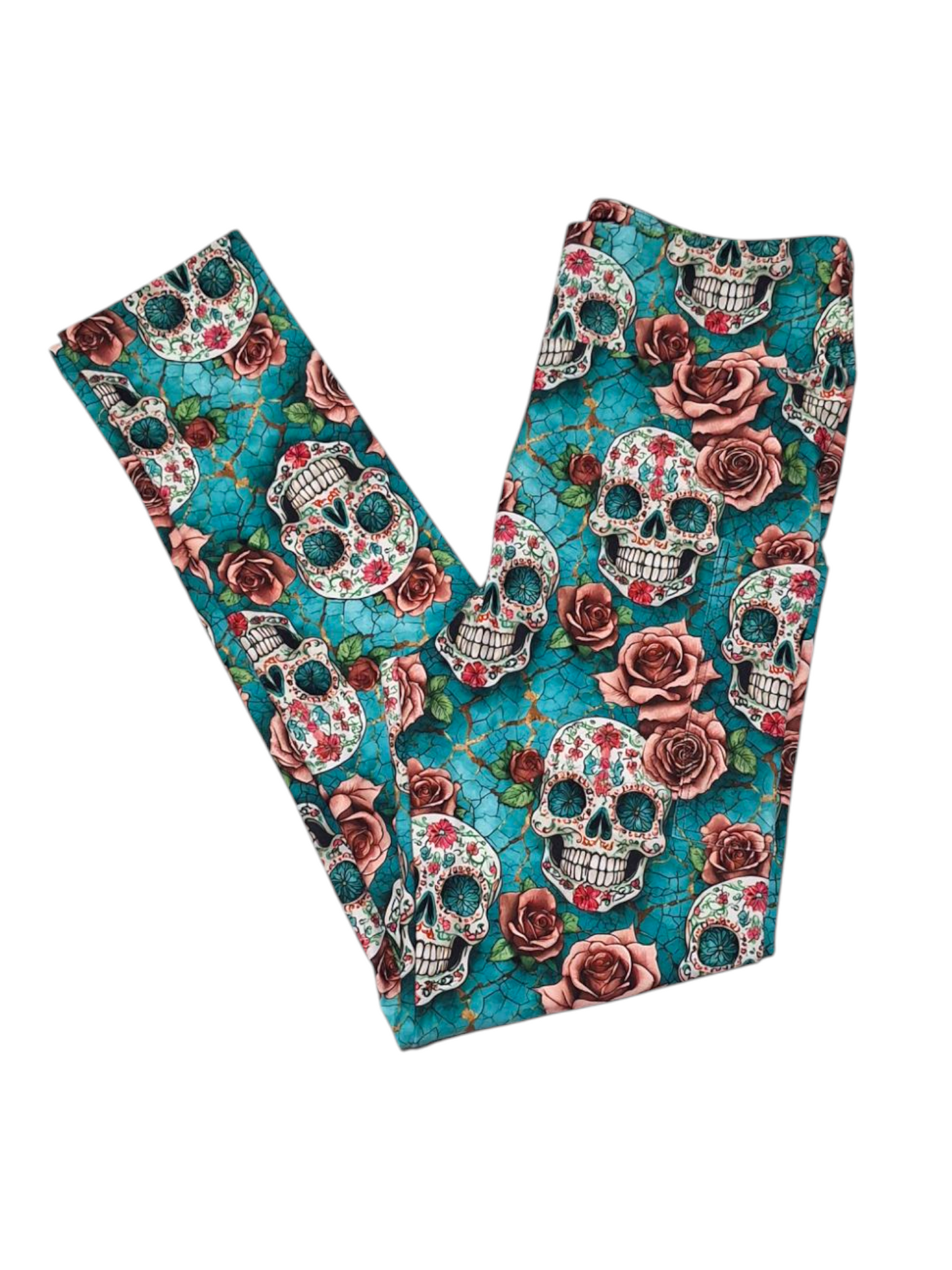 Turquoise Skull Floral Pocket Leggings