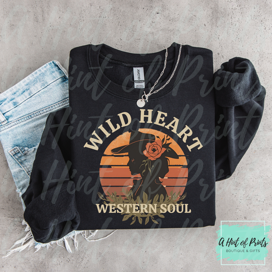 Wild Heart Western Soul Cowgirl Graphic Tee, Crewneck & Hoodie