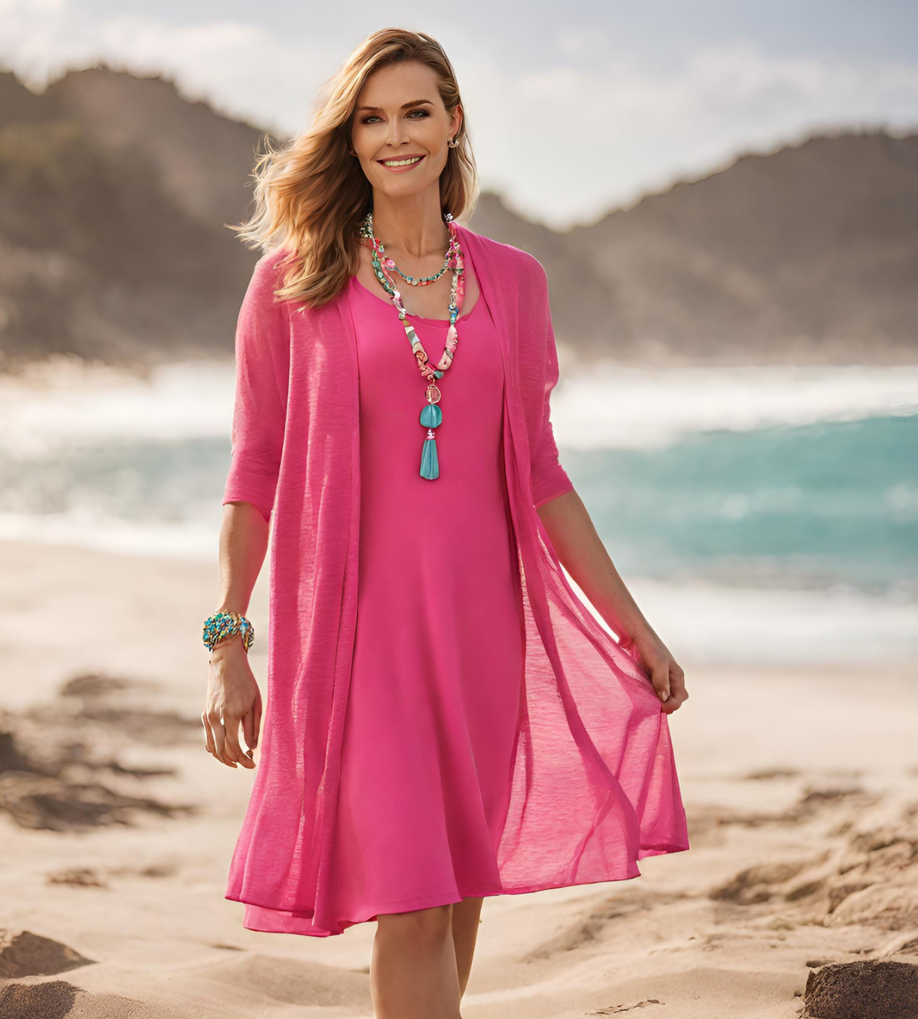 Flattering A-line Dress with pockets - Hot Pink