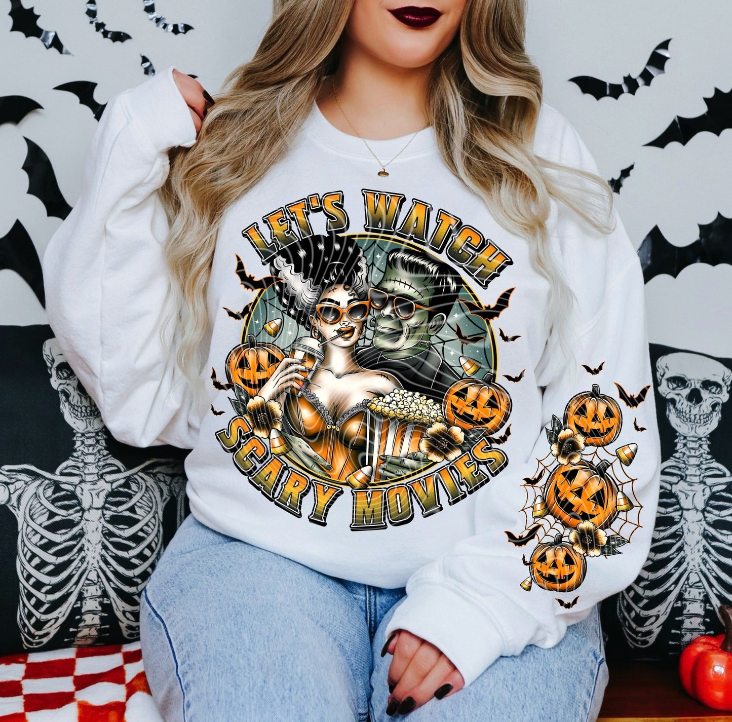 LETS WATCH SCARY MOVIES CREWNECK SWEATSHIRT W/ SLEEVE PRINT