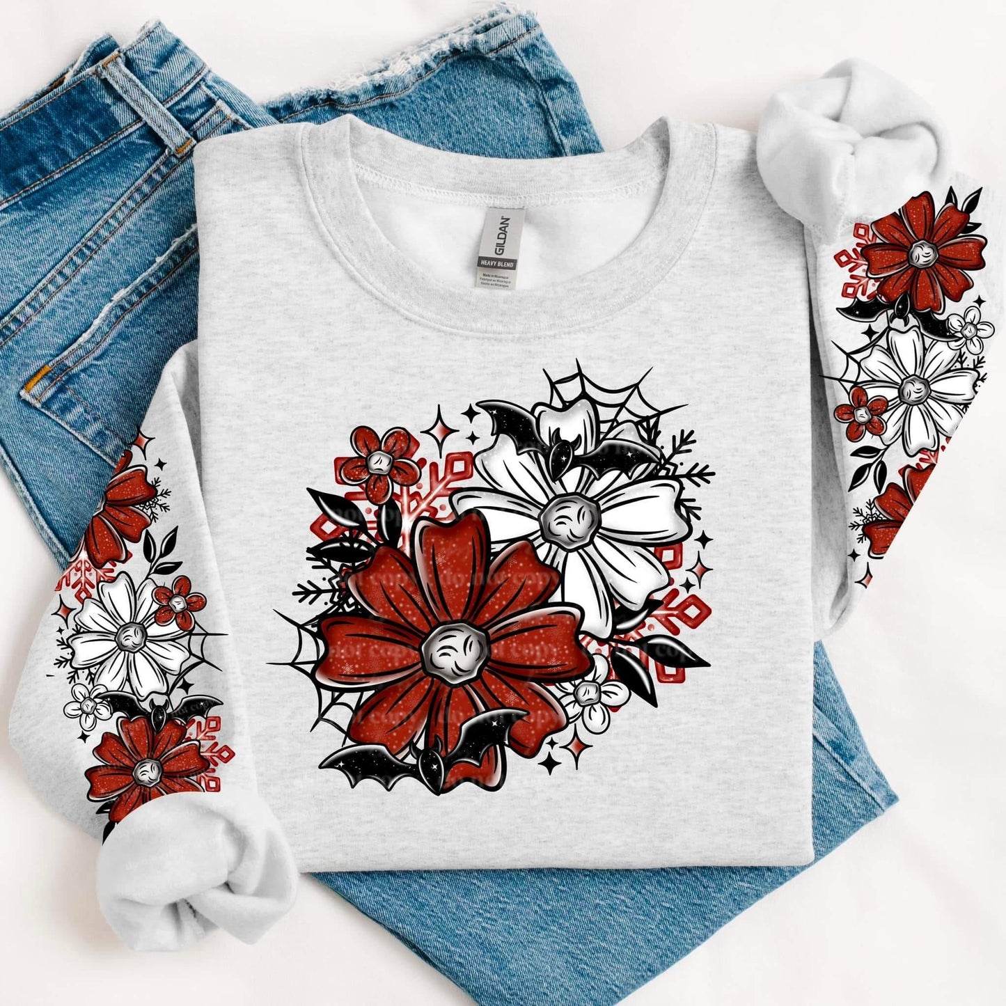 RED BAT FLORAL SWEATSHIRT W/ SLEEVE PRINT