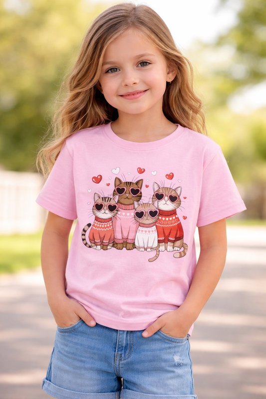 Cute Cat Graphic T-Shirt for Kids – Pink Cat Lovers Tee, Valentine’s Day Gift, Fun Heart T-shirt Design