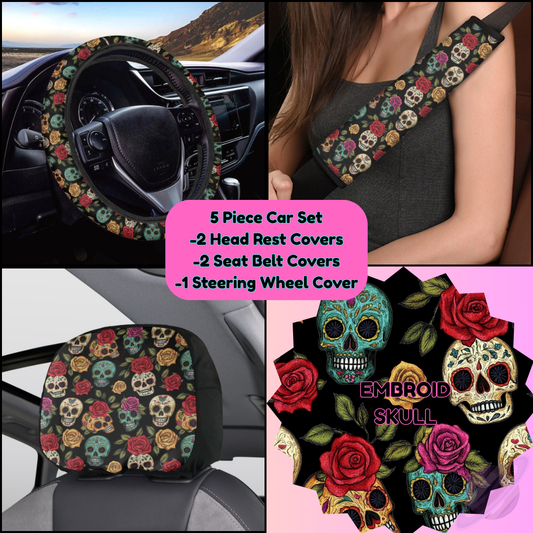 5 PIECE CAR SET-EMBROID SKULL-PREORDER CLOSING 9/5
