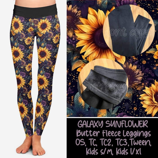 Galaxy Sunflower Fleece Lined Leggings with side pockets