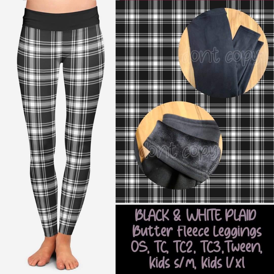 Black & White Plaid Fleece Lined Leggings with side pockets