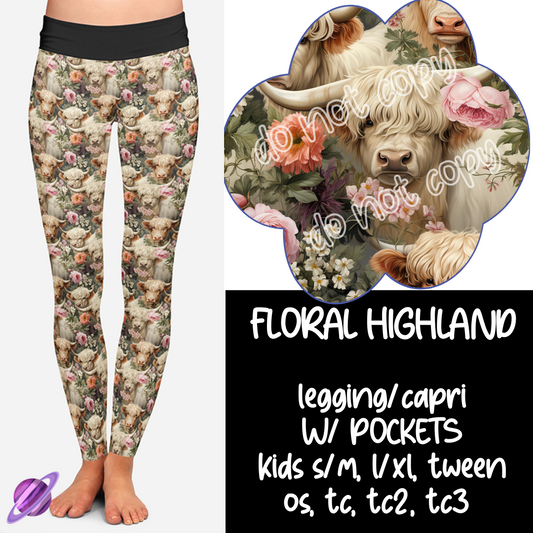 Floral Highland Cow Pocket Leggings