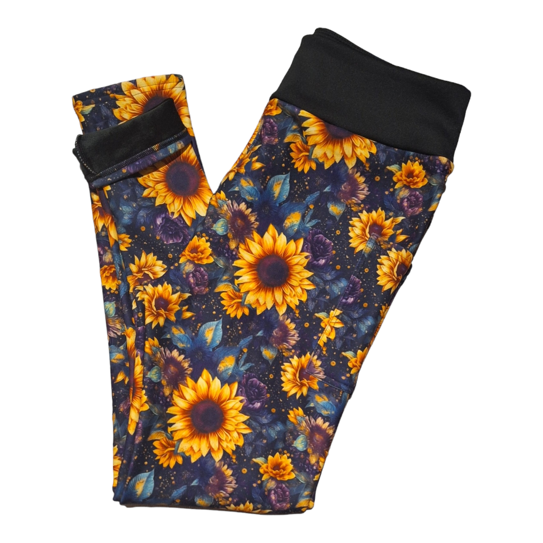 Galaxy Sunflower Fleece Lined Leggings with side pockets