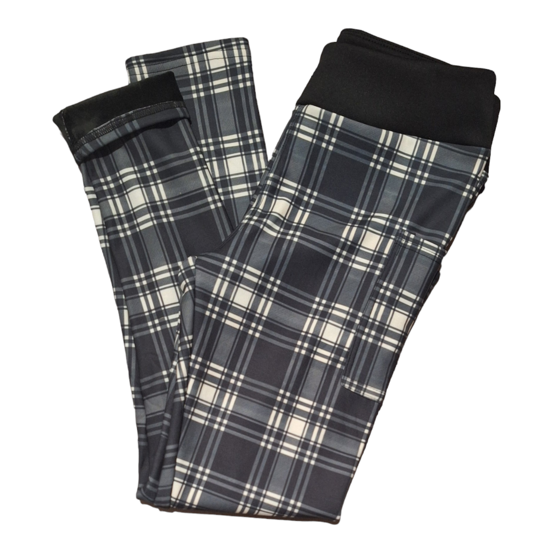 Black & White Plaid Fleece Lined Leggings with side pockets