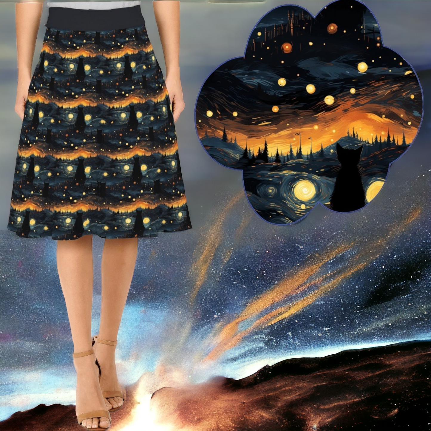 Starry Kitty Swing Skirt