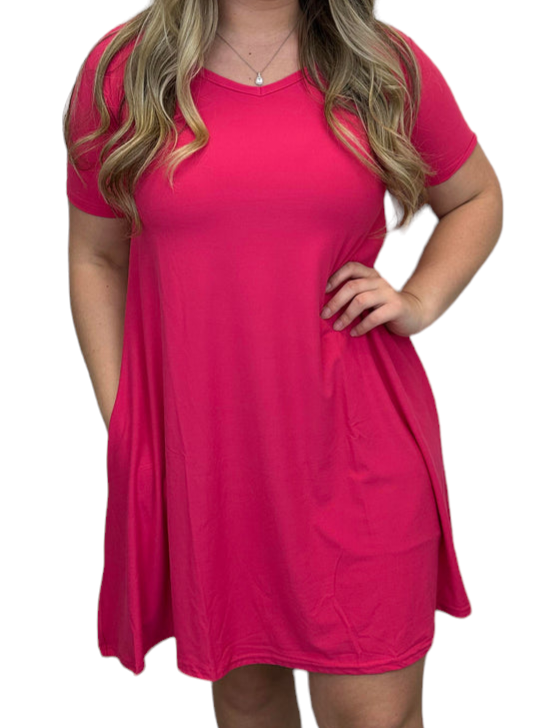 Flattering A-line Dress with pockets - Hot Pink