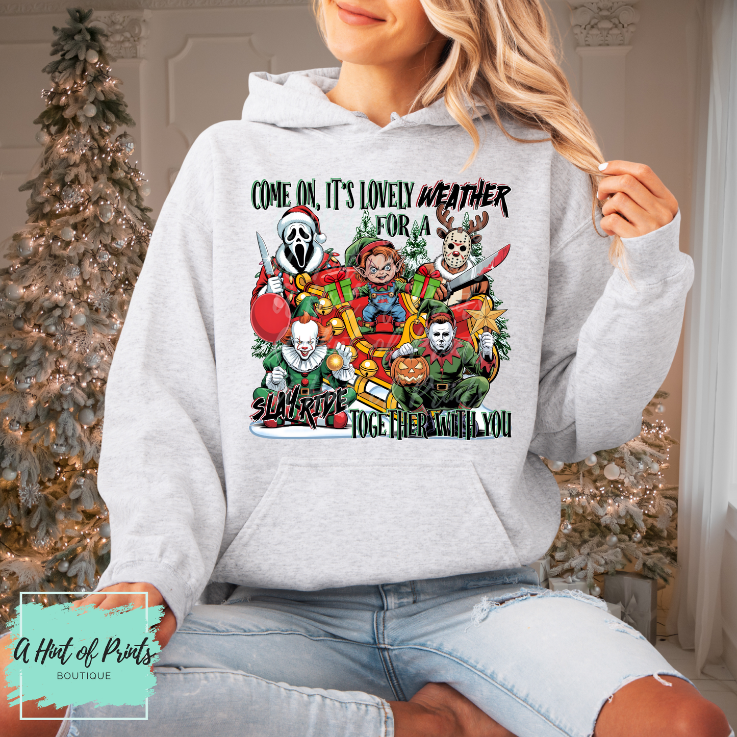 Slay Ride Christmas Shirt, Crewneck & Hoodie | Horror Holiday Apparel