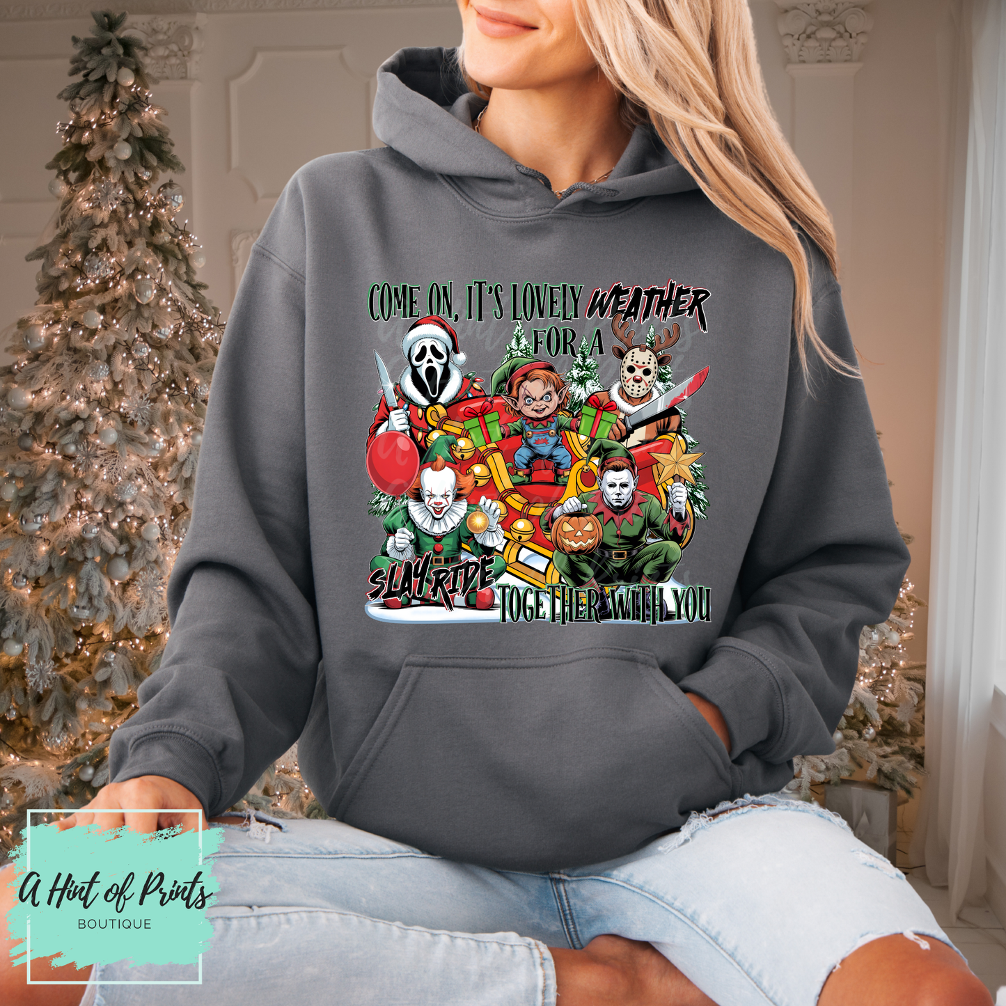 Slay Ride Christmas Shirt, Crewneck & Hoodie | Horror Holiday Apparel