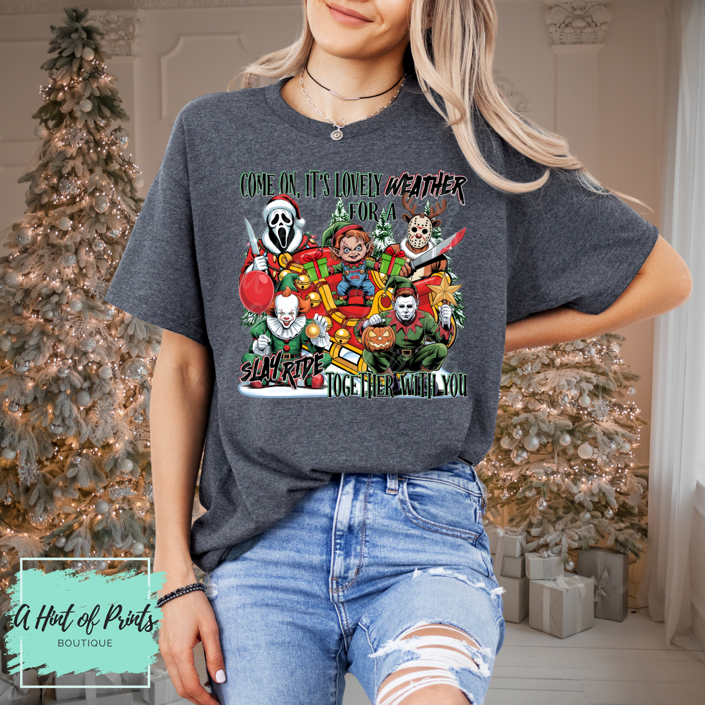Slay Ride Christmas Shirt, Crewneck & Hoodie | Horror Holiday Apparel