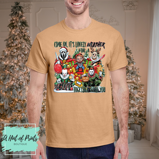 Slay Ride Christmas Shirt, Crewneck & Hoodie | Horror Holiday Apparel