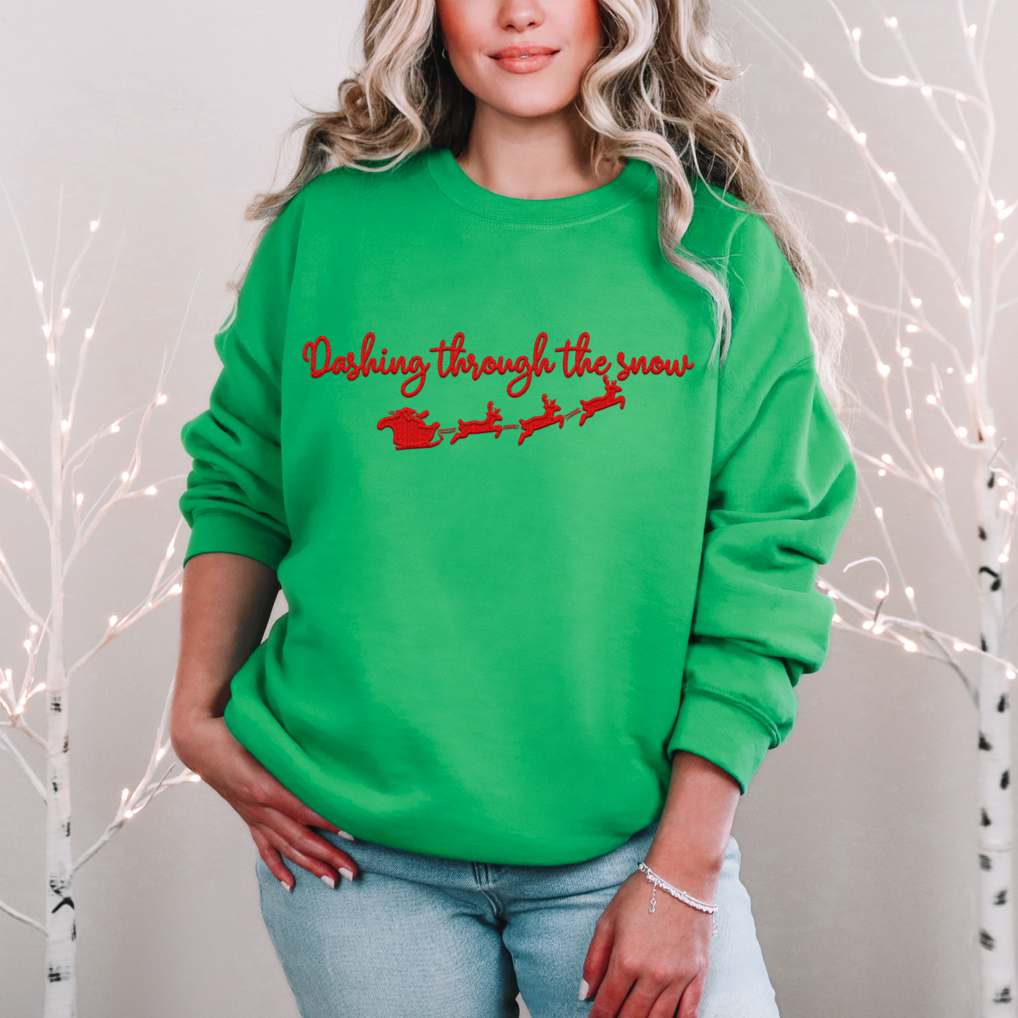 DASHING THROUGH THE SNOW FAUX EMBROID SWEATSHIRT