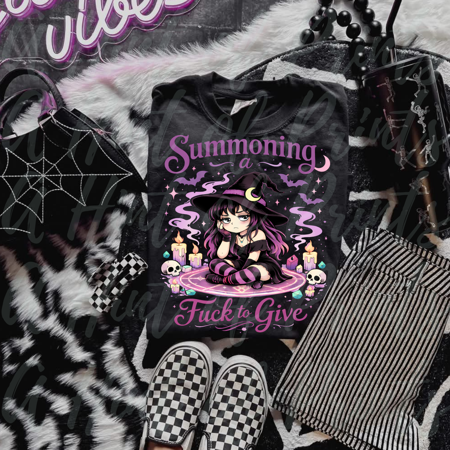 Summoning a Fuck to Give Pastel Goth Witch Shirt, Burnout Humor Graphic Tee