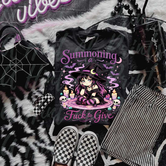 Summoning a Fuck to Give Pastel Goth Witch Shirt, Burnout Humor Graphic Tee
