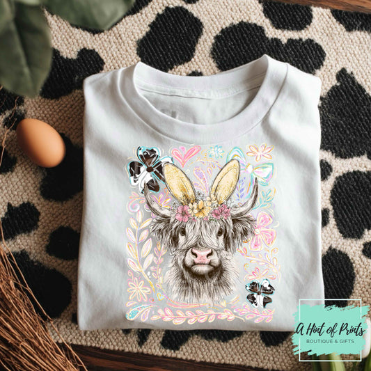 Highland cow floral bunny  - Western Easter Graphic Tee, Hoodie & Crewneck Sweatshirt