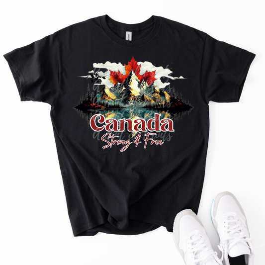 Canada Strong & Free Graphic T-Shirt | Canadian Pride Maple Leaf Mountain Tee