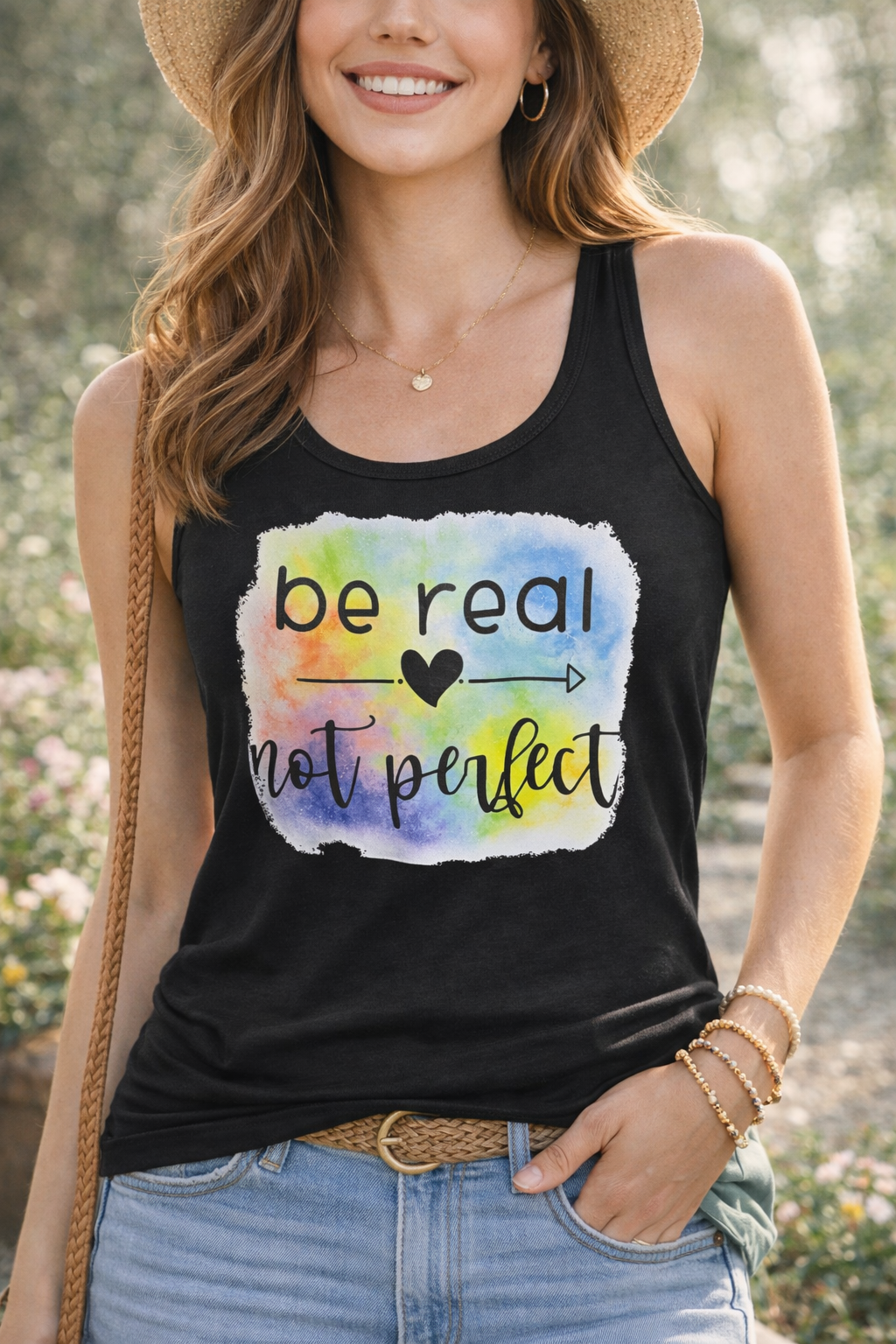Be Real Not Perfect Fitted Tank Top | Inspirational Affirmation Racerback Tank | Everyday Positive Graphic Tank