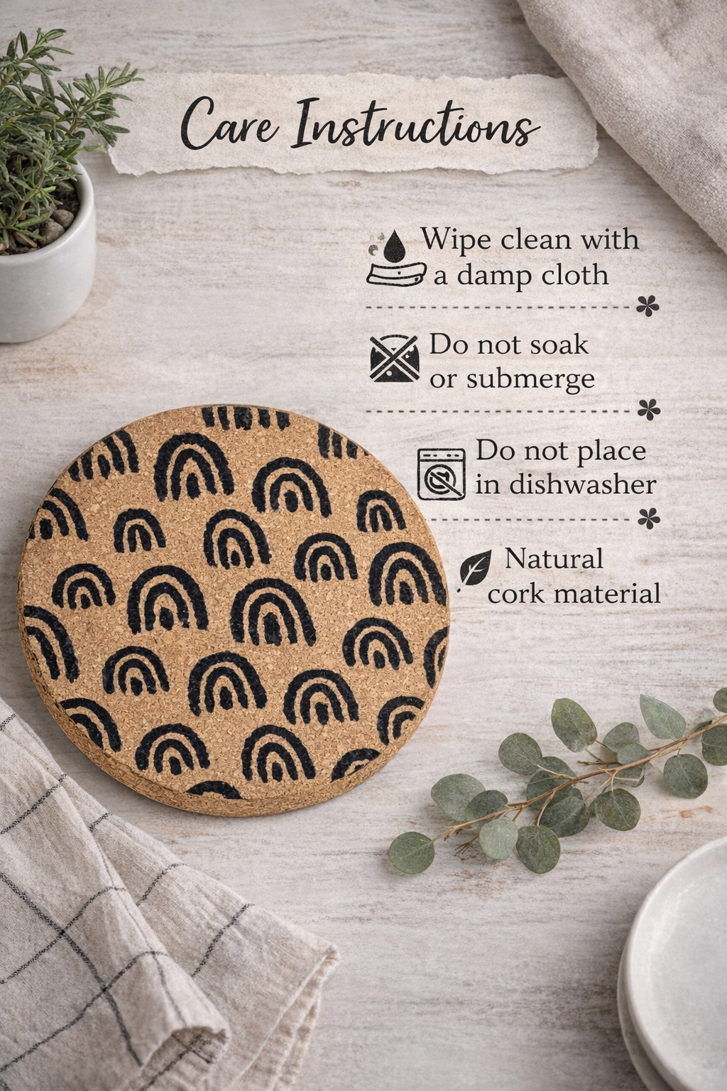 Boho Western Cork Trivet – 8” Round Heat Resistant Hot Pad | Farmhouse Kitchen Decor