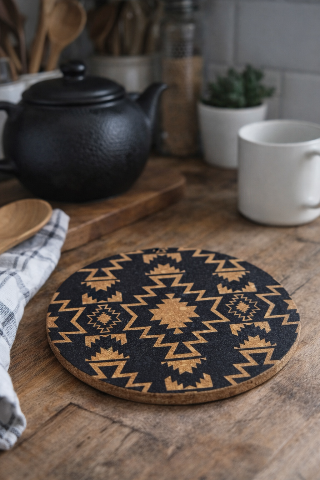 Boho Western Cork Trivet – 8” Round Heat Resistant Hot Pad | Farmhouse Kitchen Decor