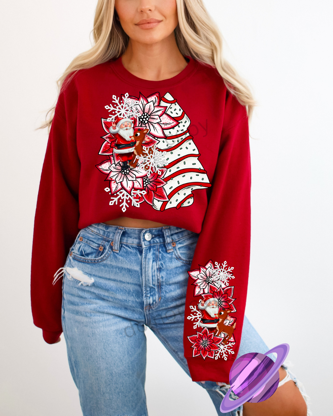 RED NOSE REINDEER SANTA SWEATSHIRT W/ SLEEVE PRINT