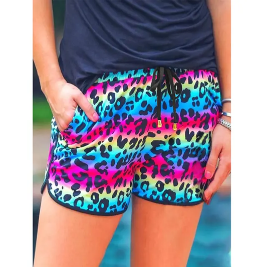 Rainbow Leopard Drawstring Shorts