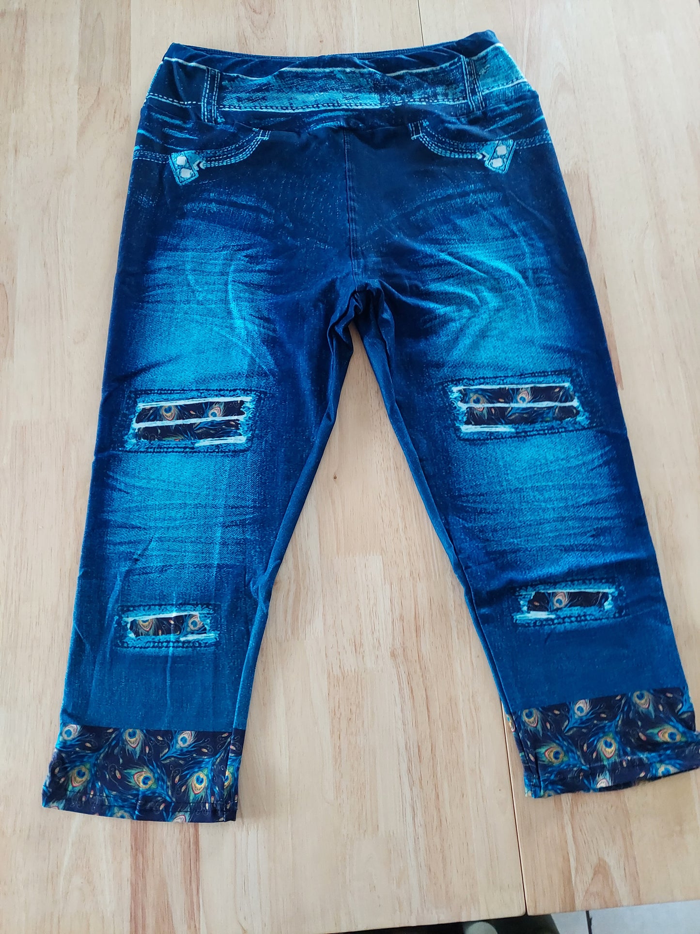 Peacock Blue Peek-a-Boo Blue Jean Capri Legging