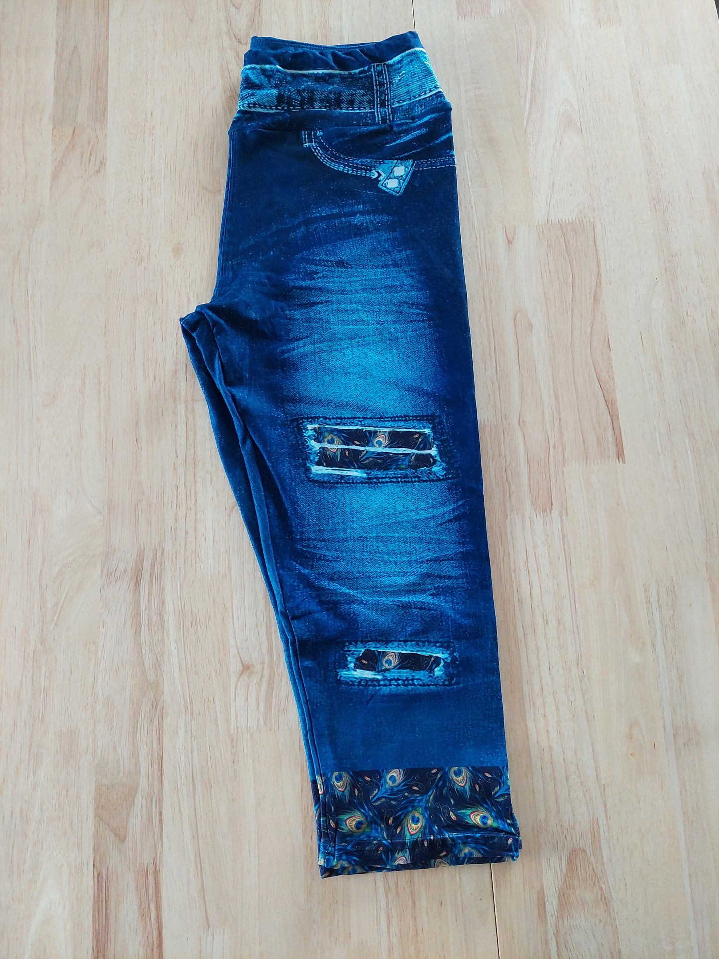 Peacock Blue Peek-a-Boo Blue Jean Capri Legging