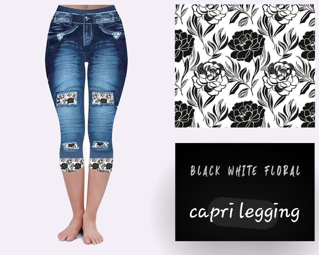 Black & White Floral Peek-a-Boo faux denim Capri Legging