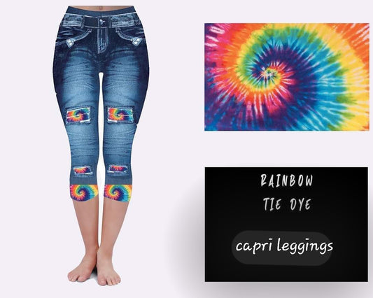 Rainbow Tie Dye Peek-a-Boo Blue Jean Capri Legging